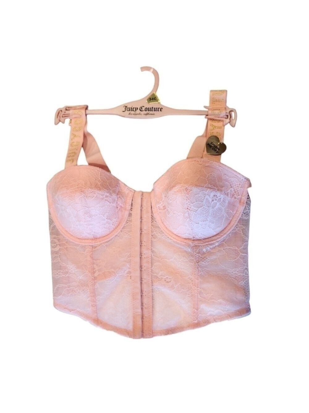Juicy Couture Pink Lace Bustier, Gold Studded Logo Straps, 34C, New With Tags - Picture 3 of 10